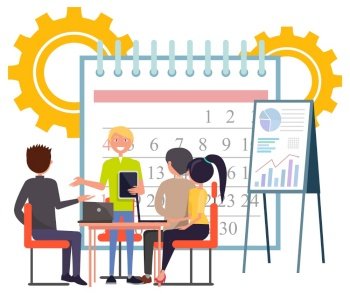 Group of workers listening, businessman and company strategy. Man and woman with laptop, board with graph and calendar, teaching technology vector. Businessman Knowledge, Business Education Vector