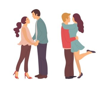 Couples spending time together vector, man and woman on date kissing and hugging. Double dating pairs, male holding female, close people flat style. Man and Woman Kissing and Cuddling, Couples Set