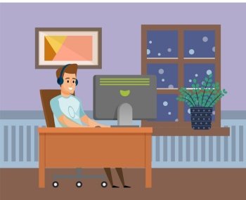 Smiling man sitting at table, communication with computer, male wearing headset working with pc at office or home, house-plant on window, hobby vector. Male Using Computer, Working with PC, Hobby Vector