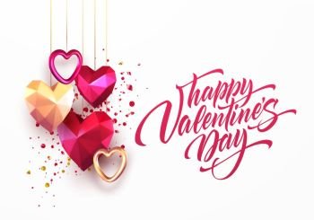 Valentines Day festive background with realistic metallic gold and red ruby low poly heart. Lettering Merry Valenetin day. Vector illustration EPS10. Valentines Day festive background with realistic metallic gold and red ruby low poly heart. Lettering Happy Valenetine day. Vector illustration