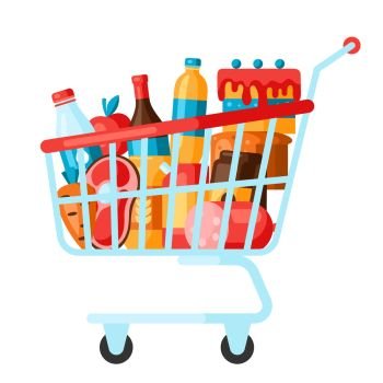 Supermarket shopping chart full of products. Grocery illustration in flat style.. Supermarket shopping chart full of products.