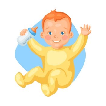 Illustration of cute little baby with bottle of milk. Eating pretty child.. Illustration of cute little baby with bottle of milk.