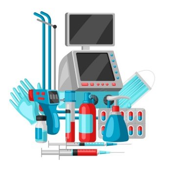 Illustration with medical equipment and protection. Health care, treatment and safety items.. Illustration with medical equipment and protection.
