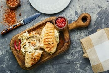 Roasted chicken breast stuffed with cheese, seasonings and sauce on the kitchen board. Grilled chicken fillets on slate