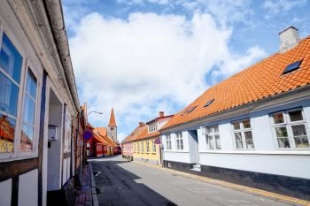 Danish village in the summer with red rooftops under a blue sky