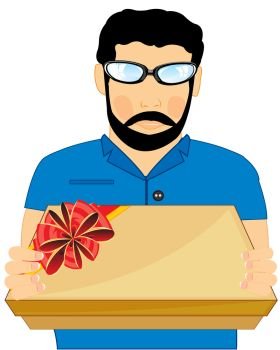 Man with gift in hand on white background is insulated. Vector illustration young men with gift by box in hand
