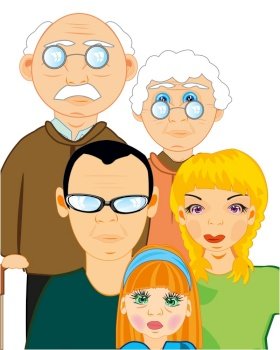 Collective portrait of the old parents and children with husband and child. Household portrait on white background is insulated