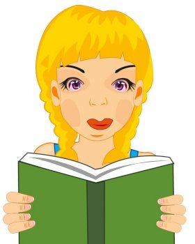 Blond girl reads book on white background is insulated. Portrait beautiful girl with book in hand