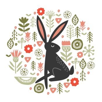 Black hare among tender spring flowers. Circular floral ornament. Vector illustration. Funny black hares in a circular floral pattern. Vector illustration on a white background.
