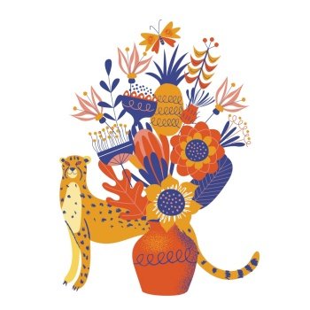 A cute spotted Cheetah hides behind a vase of colorful large flowers. Vector illustration on a white background.. A cute Cheetah and a bunch of flowers in a vase. Vector illustration on a white background.
