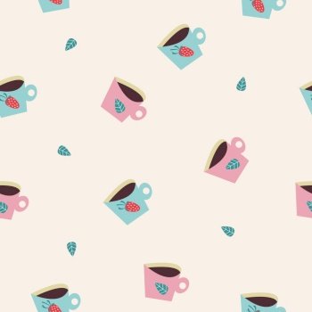 Seamless pattern with cute cartoon coffee or tea cups. Pink and light blue cups decorated with mint and strawberries. Vector illustration on a light background. Suitable for printing on fabric or paper.. Seamless pattern with cute cartoon coffee or tea cups. Pink and light blue cups decorated with mint and strawberries. Vector illustration on a light background.