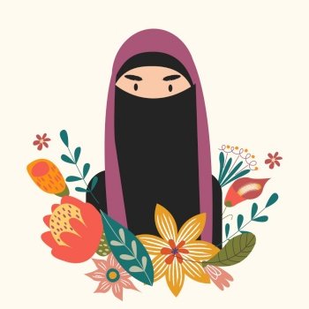 Female portrait with flowers. Beautiful Muslim girl in niqab. Vector illustration. Female portrait with flowers. Vector illustration.