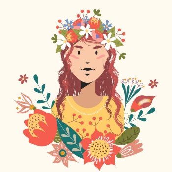 Female portrait with flowers. Beautiful Slavic girl with a flower wreath on her head. Vector illustration.. Female portrait with flowers. Vector illustration.