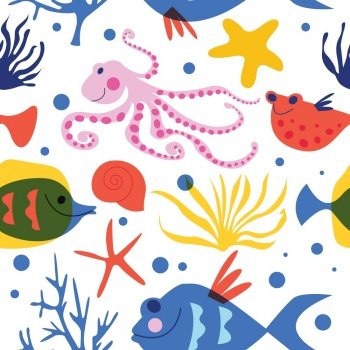 Seamless pattern on a white background. Tropical fish, marine life, underwater life. Colorful vector illustration on a white background.
. Seamless pattern. Marine life, underwater world, aquarium fish. Vector illustration on a white background.