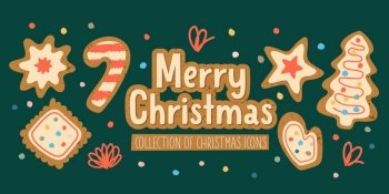 Merry Christmas. A set of vector elements. Christmas cookies with icing sugar. Greeting banner, greeting card.. Merry Christmas. A set of vector elements. Christmas cookies with icing sugar.