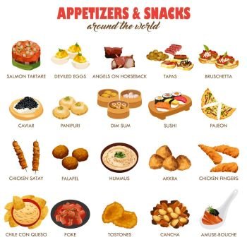 A vector illustration of appetizers and snacks around the world icon sets