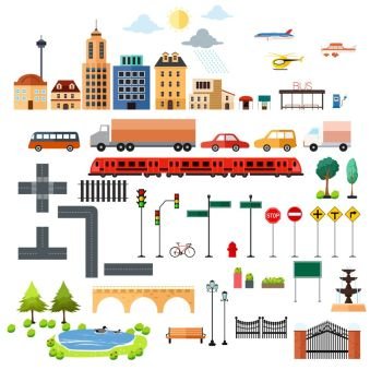 A vector illustration of city element icons