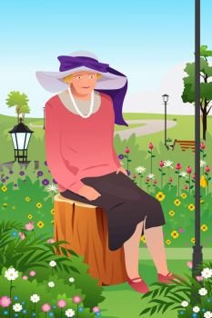 A vector illustration of senior lady in a flower garden