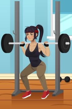 A vector illustration of woman lifting weight in gym