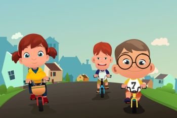 A vector illustration of Happy Kids Biking on the Street