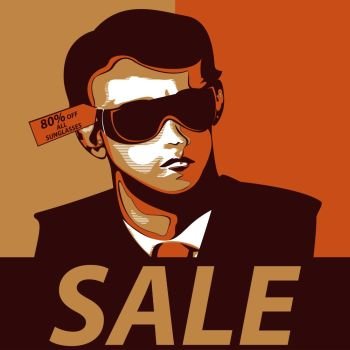 A vector illustration of Man Wearing Sunglasses Sale Poster