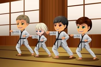 A vector illustration of Kids Practicing Martial Arts in the Dojo