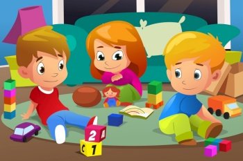A vector illustration of Kids Playing with Their Toys at home