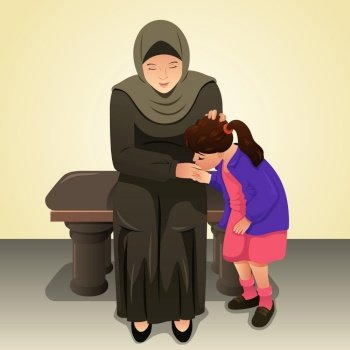 A vector illustration of Muslim Girl Kissing Her Mother Hand