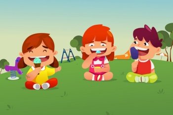 A vector illustration of Kids Eating Ice Cream in a Park
