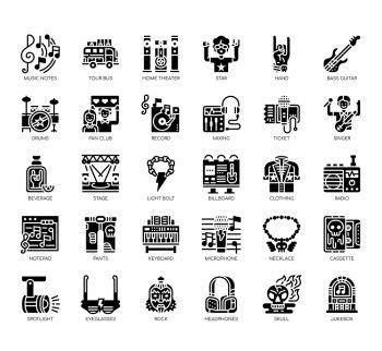 Set of rock and roll thin line and pixel perfect icons for any web and app project.