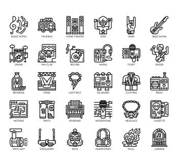Set of rock and roll thin line and pixel perfect icons for any web and app project.
