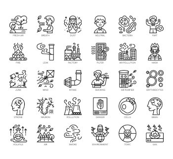 Set of air pollution thin line and pixel perfect icons for any web and app project.