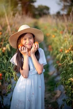 Asian pretty woman with red tomatoes, harvesting fresh vegetables in garden. girl in  tomatoes garden