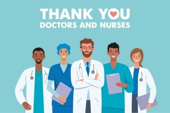 Thank you doctors and nurses cartoon characters medical hospital team fighting the coronavirus illustration