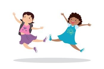Happy caucasian and african american girls in a jump,enjoying schoolgirls,isolate on white background,cartoon vector illustration. Happy caucasian and african american girls in a jump,enjoying sc