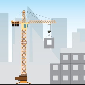 Building under construction with a crane,flat vector illustration. Building under construction with a crane