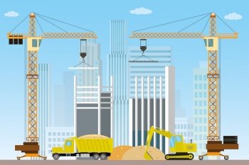 Construction site,crane and construction machinery,flat vector illustration. Construction site,crane and construction machinery