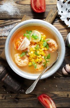 shrimp soup, soup with shrimps and corn