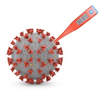 Thermometer 38.8 and a coronovirus cell. 3d render