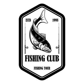 Fishing club. Emblem template with salmon fish and fishing rod. Design element for logo, label, sign, poster. Vector illustration