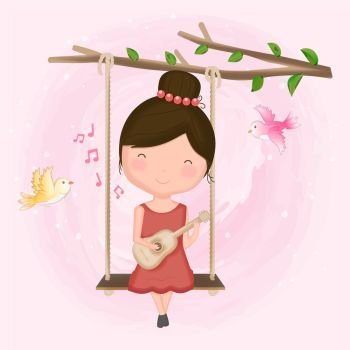 Cute girl playing guitar on swing and bird hand drawn cartoon illustration