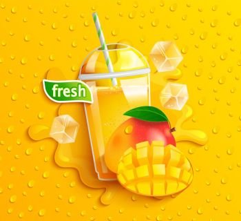 Fresh mango juice with ice and slice fruits, splash and apteitic drops from condensation on background, for brand,logo, template,label,emblem,store,packaging,advertising.Vector illustration.. Fresh mango juice with ice and fruits.