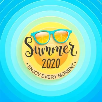 Summer greeting banner for summertime 2020. Sun, sky and sunglasses, enjoy every moment. Template for card, wallpaper, flyer, invitation, poster and brochure. Vector illustration.. Summer greeting banner for summertime 2020.