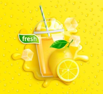 Fresh lemon juice with ice and fruits, splash and apteitic drops from condensation on background, for brand,logo, template,label,emblem,store,packaging,advertising.Vector illustration.. Fresh lemon juice with ice and fruits.