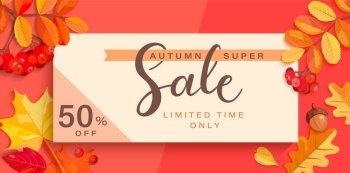 Autumn super sale banner with fall elements.Big discounts limited time only with colorful leaf,rowan berries,acorns,pumpkin for seasonal shopping promotion,web,flyers.Template for cards,ad.Vector. Autumn super sale banner with fall elements.