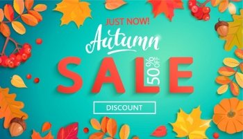 Autumn sale banner in fall leaves frame.Big discounts promo with colorful leaf,rowan berries,acorns,pumpkin for seasonal shopping promotion,web,flyers.Template for cards,advertise.Vector illustration.. Autumn sale banner in fall leaves frame.
