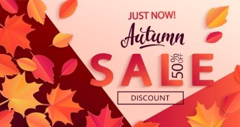 Autumn sale banner on geometric background with colorful fall leaves for seasonal shopping promotion,web. Template for discount cards, flyers, posters, advertise. Vector illustration.. Autumn sale banner on geometric background.