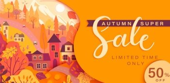 Autumn sale card with fall countryside landscape: trees, houses, mountain.Big discounts in new season with panoramic of countryside. Banner, poster, card with clearance.Vector illustration.. Autumn sale card with fall countryside landscape.