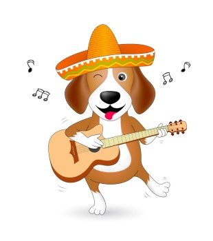 Funny cartoon dogs characters. Cute Beagle with mexican hat playing guitar and dancing. Human friends animals. Illustration isolated on white background.