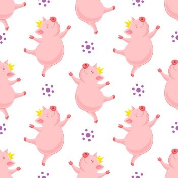 funny cartoon pig with crown dancing. Character design seamless pattern. Vector illustration isolated on white background.